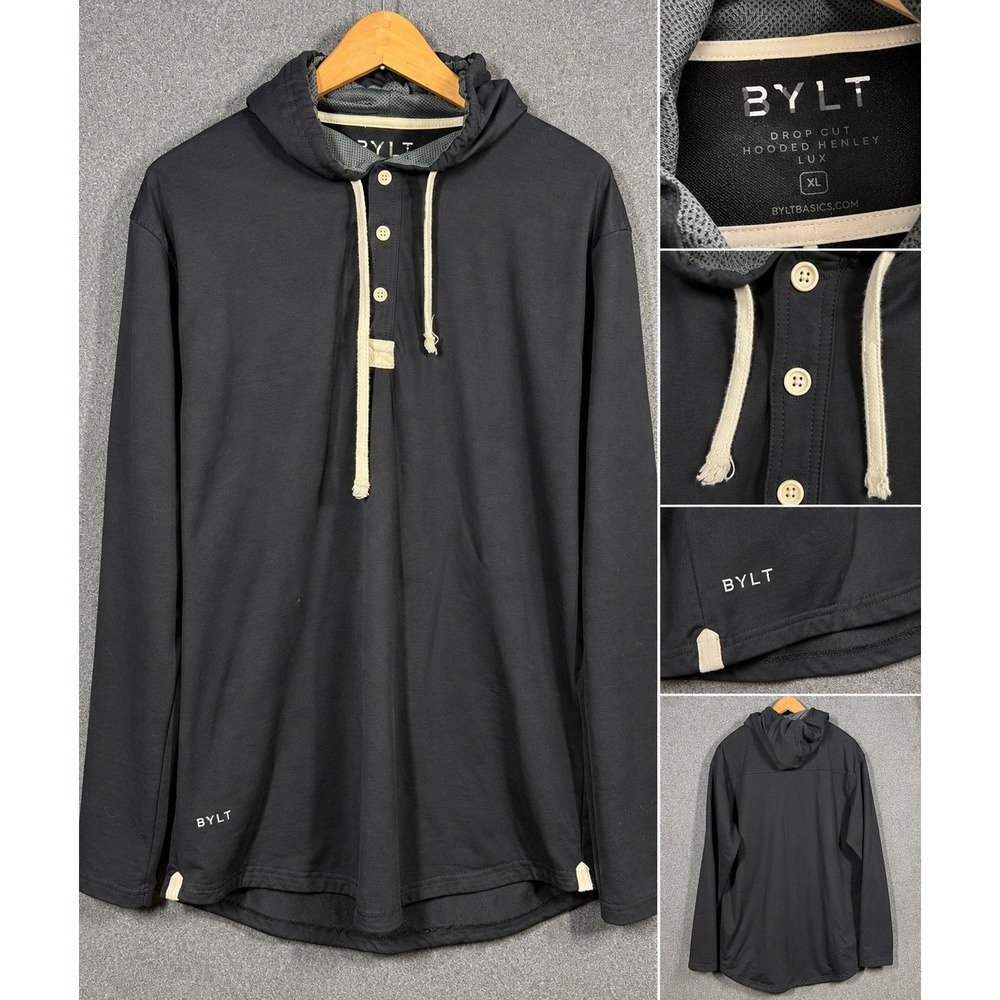 BYLT Drop Cut Hooded Henley Lux Mens XL Black Long Sleeve Corpcore Shirt